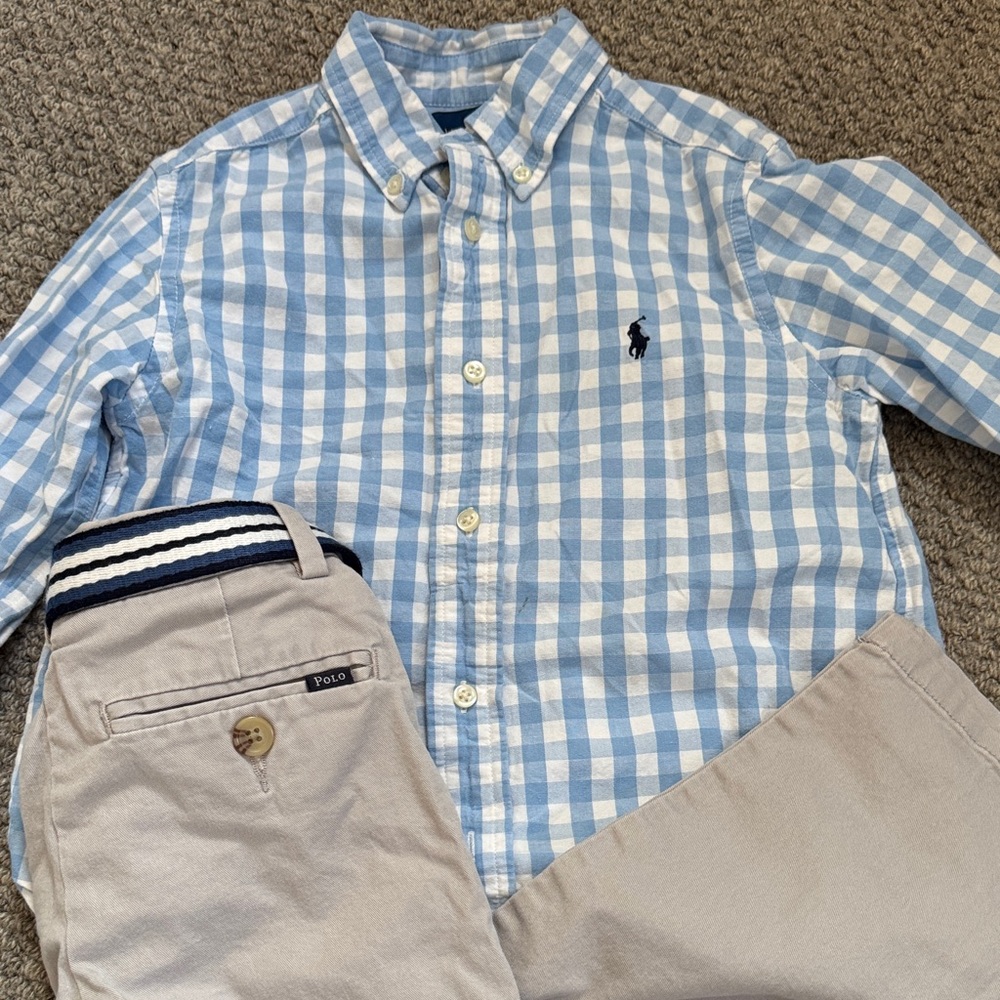 Polo by Ralph Lauren Blue & White Gingham Button-Down Shirt & light grey Chinos